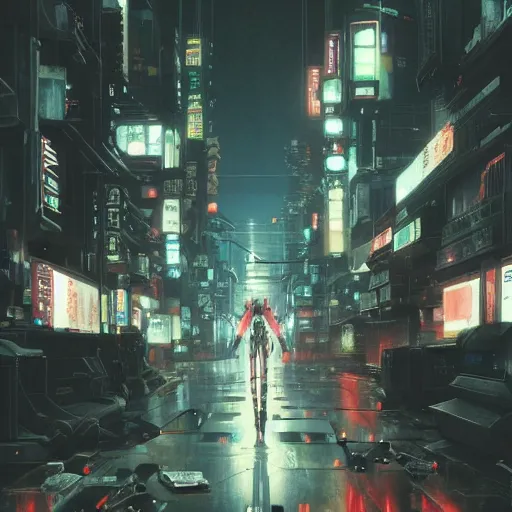 Image similar to a japanese cyberpunk robot, finely detailed features, cyborg robot parts with glowing lights!, dramatic cinematic, night, at cyberpunk city, ghost in the shell, akira, noir, painted by greg rutkowski makoto shinkai takashi takeuchi craig mullins, alphonse mucha, studio ghibli, pixiv