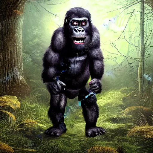 Image similar to demonic gorilla in magical forest, dark atmosphere, high detail, soft lighting