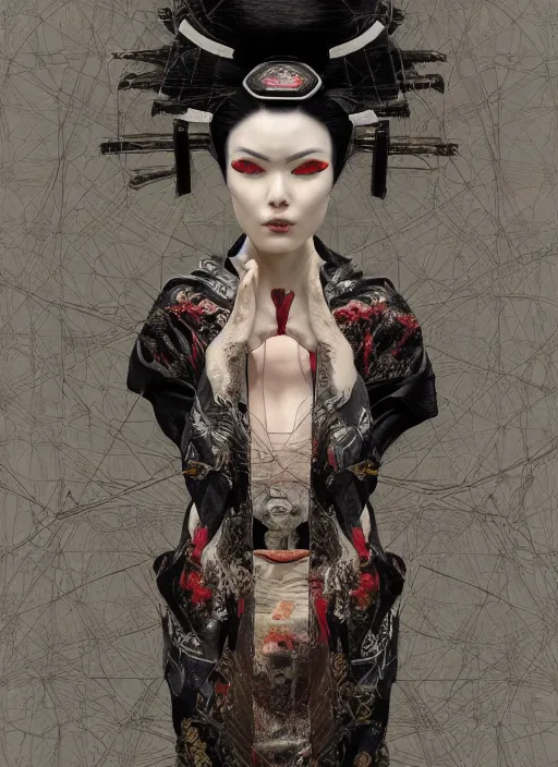 Image similar to portrait of a sensual cyberpunk geisha cyborg with headpiece, imari, modern fine art, fractal, in the style of ghosts in the shell, intricate ornaments, elegant, highly detailed, digital photography, subsurface scattering, by mc escher and greg rutkowski,