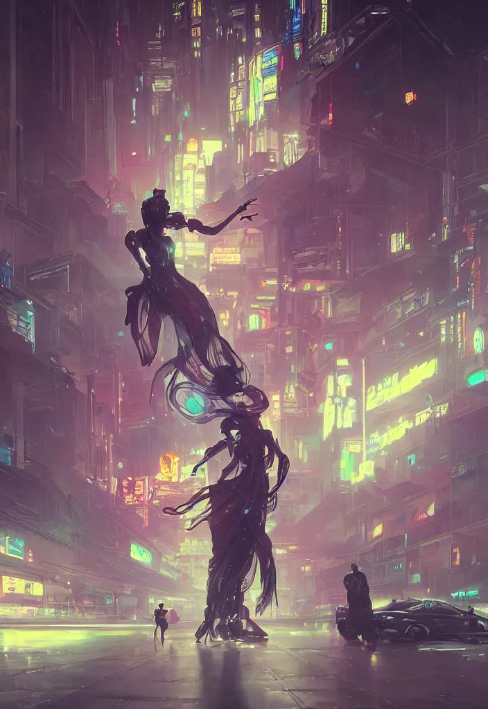 Image similar to an emotional concept painting of a cyberpunk android dancing in the moonlight, neon signs, empty city, large detailed moon, concept painting by Alphonse Mucha and Ross Tran and WLOP and Ruan Jia and Greg Rutkowski