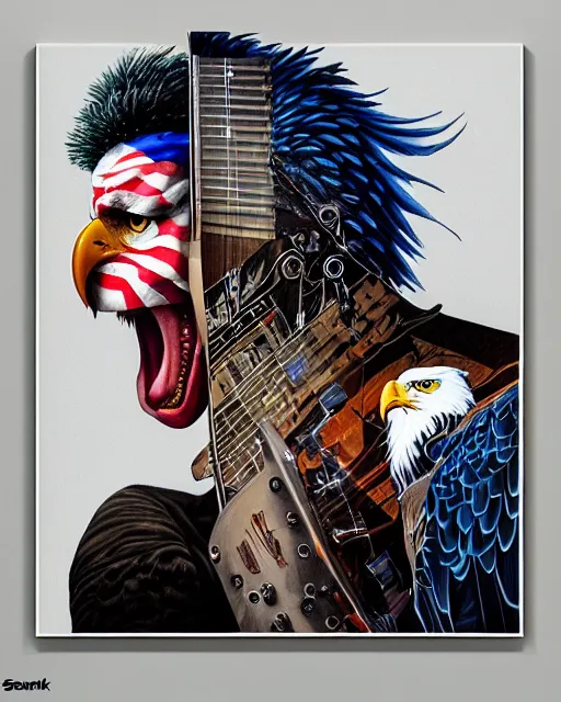 Image similar to a portrait of an anthropomorphic cyberpunk bald eagle screeching while strumming an acoustic guitar by sandra chevrier, by jon foster, detailed render, tape deck, epic composition, cybernetics, 4 k realistic, cryengine, realistic shaded lighting, sharp focus, masterpiece, by enki bilal