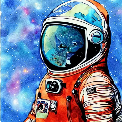 Image similar to james jean water color of an astronaut drifting in space staring at the earth