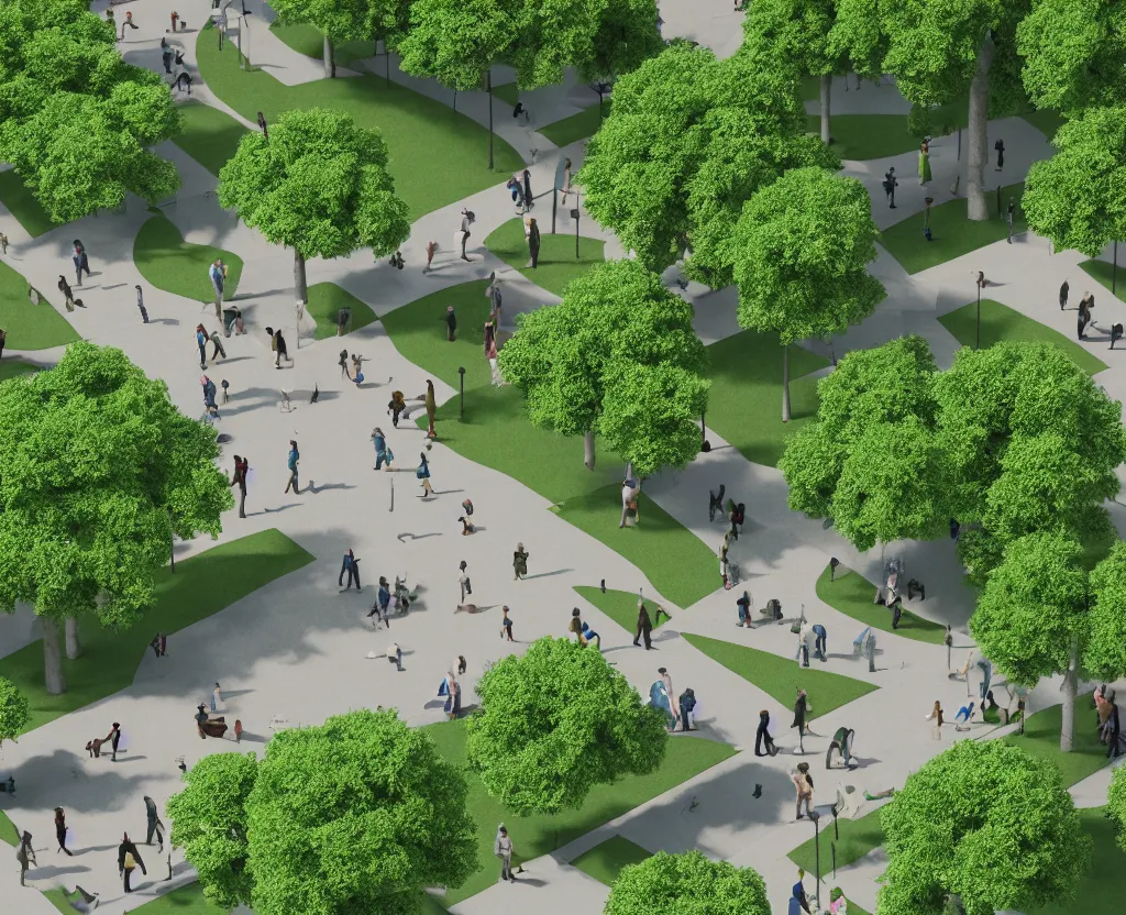 Image similar to city park, people and dogs, isometric view, octane 3d, light filtering through the trees, ray tracing, volumetric lighting