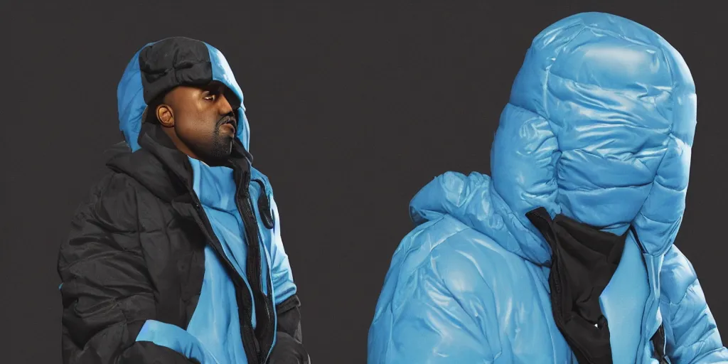 Prompt: kanye west wearing a cloth black face covering mask, a small, tight reflective bright blue puffer jacket made of nylon, jeans pants made and big black rubber boots in 3 d, blender, octane render, 3 d render, realistic, unreal engine, studio light, 4 k, 8 k