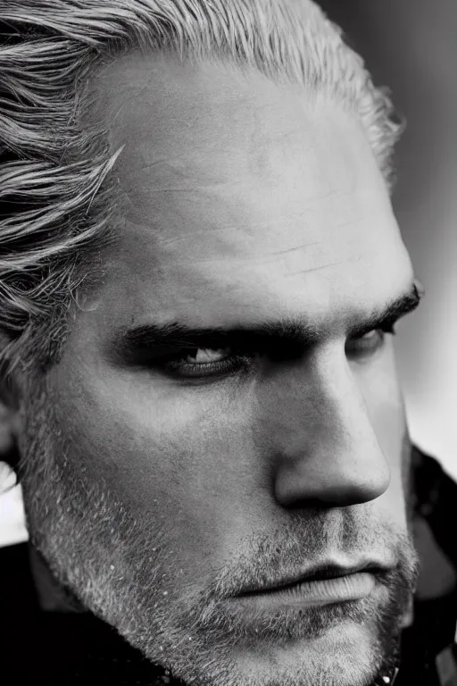 Prompt: portrait of geralt of rivia, 5 5 mm lens, professional photograph, black and white, times magazine, serious