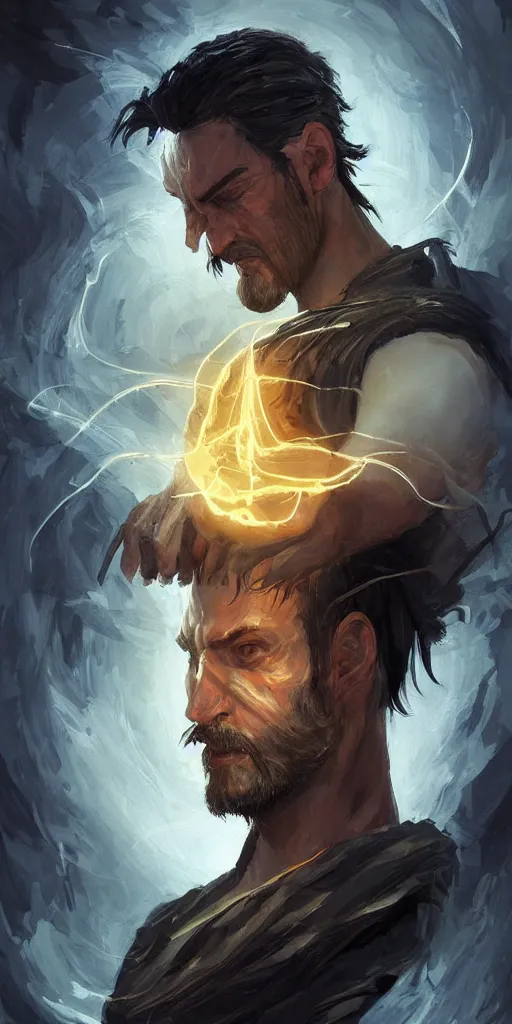 Prompt: a professional painting of a handsome young wizard olive skin, buzzed short dark hair, beautiful bone structure, symmetrical facial features, casting an evil spell, a floating glowing spellbook, , intricate, elegant, digital painting, concept art, smooth, sharp focus, illustration, from Metal Gear, by Ruan Jia and Mandy Jurgens and Artgerm and William-Adolphe Bouguereau