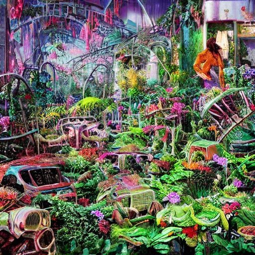 Prompt: panoramic view of a jungle of flowers and vines growing among great heaps of chrome machinery piles of rusty weapons and broken plastic androids in puddles of glistening oil artists tram pararam and doctor seuss with beryl cook and hr giger neon high contrast cinematic light, mystical shadows, sharp focus, octane render