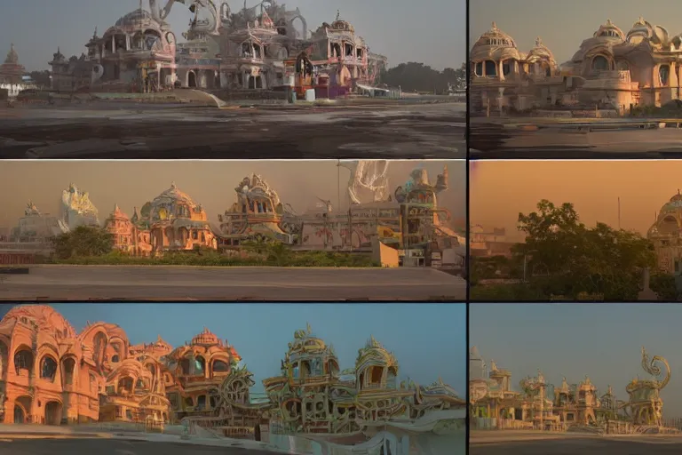 Image similar to gorgeous dreamscape! biomorphic new delhi, hanuman!! head building, kalighat, octane highly detailed cinematic, stephen shore & john j. park, soft morning light, wide shot, high angle, uhd 8 k, deep focus