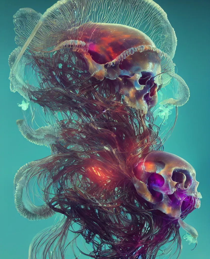 Image similar to goddess close-up portrait animal skull. jellyfish phoenix head, nautilus, orchid, skull, betta fish, bioluminiscent creatures, intricate artwork by Tooth Wu and wlop and beeple. octane render, trending on artstation, greg rutkowski very coherent symmetrical artwork. cinematic, hyper realism, high detail, octane render, 8k