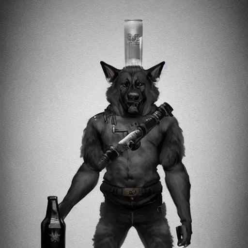 Image similar to a humanoid german shepherd beast - man in military style, holding a bottle of beer, artstation, concept art, smooth, sharp foccus ilustration, artstation