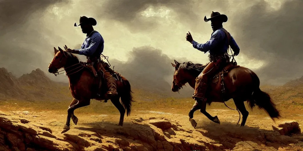 Image similar to face close - up jamie foxx as a cowboy on his horse is crossing american plains with a small riverbed, mountaineous background, cloudy day, highly detailed, digital art, by greg rutkowski, by albert bierstadt