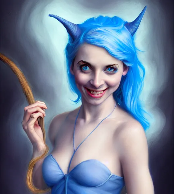 Prompt: laura bailey as cute female tiefling smiling wearing pale blue halter top, perfect face, blue hair, abs, cinematic, blush, stunning, elegant, highly detailed, psychedelic, digital painting, artstation, smooth, hard focus, illustration, art by jessica rossier and and brian froud