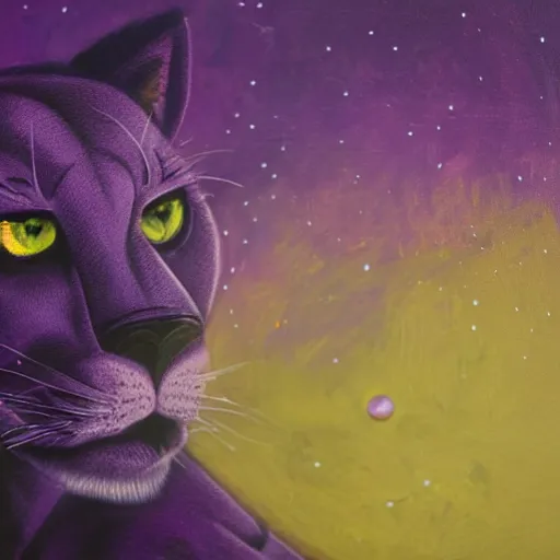 Prompt: closeup of a purple panther roaring at the moon in the forest. night. large moon in the center. yellow eyes. cinematic. painting. concept art. rustic. gritty.