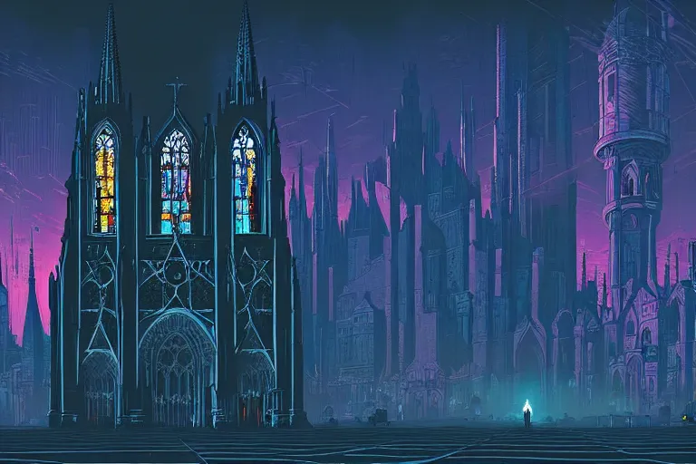 Prompt: a gothic cathedral dan mumford and josan gonzalez and simon stalenhag, cyberpunk, police drones