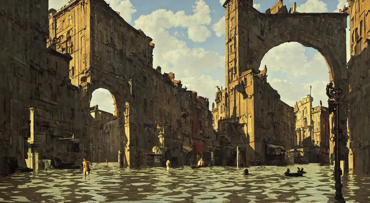 Prompt: a high contrast! painting of a flooded ancient street empty arch by rene magritte simon stalenhag carl spitzweg syd mead norman rockwell edward hopper james gilleard, full - length view, vibrant, symmetry, great composition, high detail, cinematic lighting, masterpiece