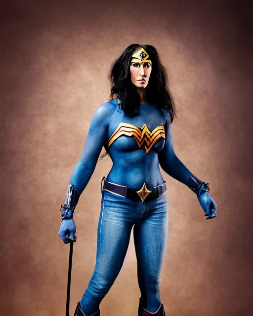 Prompt: A chimpanzee wearing Tight fighting torn blue jeans and a Wonder Woman outfit, photographed in the style of Annie Leibovitz, studio lighting, hyperreal, Creature design by Rick Baker