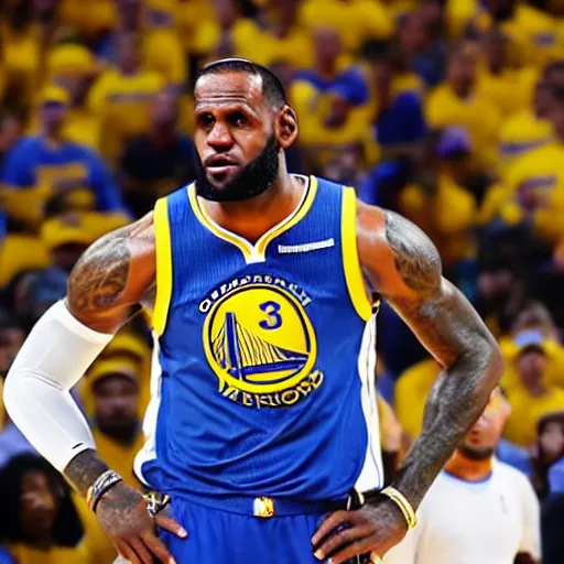 Image similar to professional close!!! up!!! shot!!! photograph of lebron james wearing a golden state warriors jersey in an nba game, wearing nba jersey, focus on face, clear image, as seen on getty images, smooth, uncompressed,