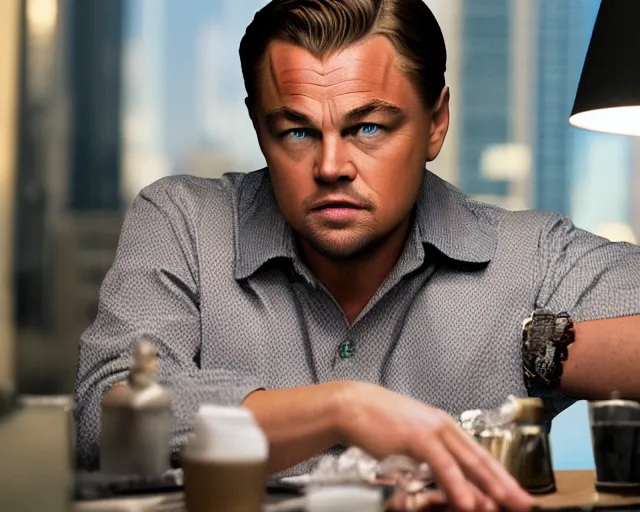 Image similar to leonardo dicaprio as the wolf of wall street, cinamtic, long shot, hyper detailed, highly detailed face, 8 5 mm photograph, 8 k resolution, film still, sharp lens, wide lens