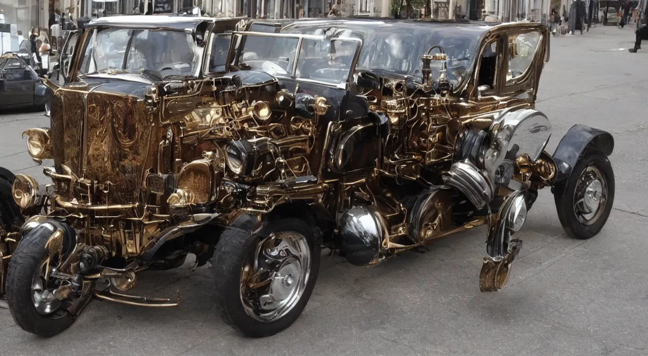 Image similar to a steampunk car with mirror windows