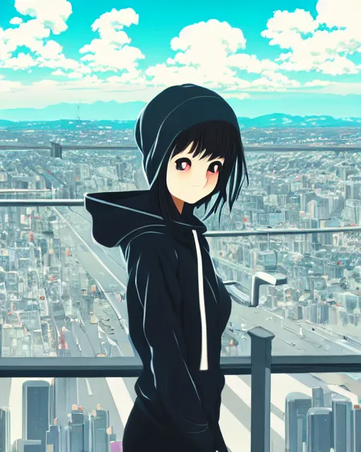 Image similar to anime visual, portrait of a young black haired girl wearing hoodie sightseeing above the city, guardrail, cute face by yoh yoshinari, katsura masakazu, dramatic lighting, dynamic pose, dynamic perspective, strong silhouette, ilya kuvshinov, anime cels, rounded eyes, moody