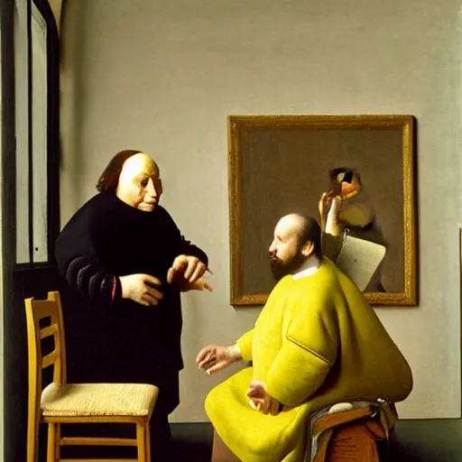 Prompt: danny devito standing next to a chair shaped like an egg, renaissance painting by vermeer