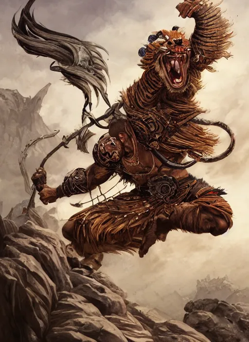 Prompt: a highly detailed illustration of a fierce tribal warrior wearing a tiger mane, heroically screaming into the sky pose, muscular, intricate, elegant, highly detailed, centered, digital painting, artstation, concept art, smooth, sharp focus, league of legends concept art by artgerm and donato giancola and Joseph Christian Leyendecker, WLOP