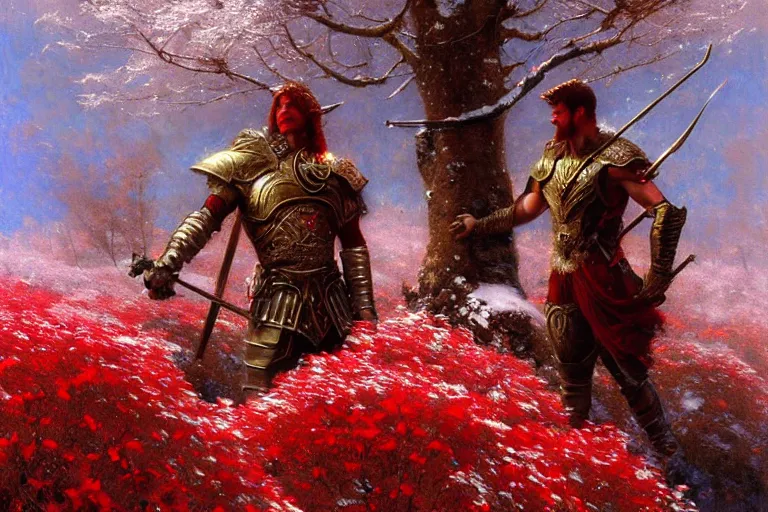 Image similar to winter, a male warrior wearing armor relaxing under a world tree with red flowers, ground covered with snow, extreme long shot, fantasy, painting by gaston bussiere, craig mullins, j. c. leyendecker, trending on artstation