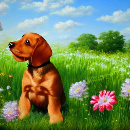 Prompt: cute fluffy daschund puppy sitting in flower meadow landscape detailed painting 4 k