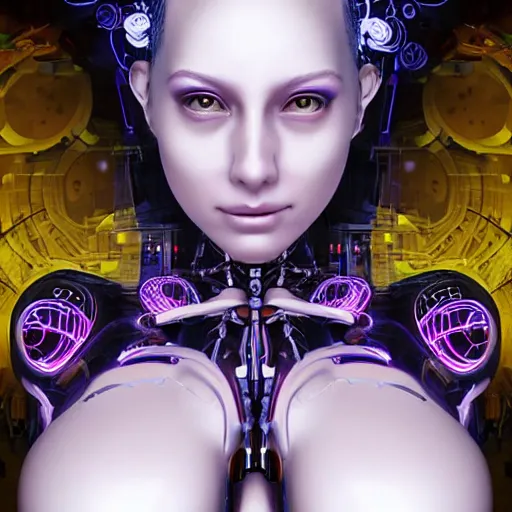 Image similar to The face of an extremely beautiful biomechanical female looking robot with Optical Sensors and large emoji tattoos, surrounded by a thin transparent force field,, extremely beautiful oppai cyberpunk, chimeric organism, pale skin, organic polycarbon, full frontal, portrait, highly detailed, symmetrical, mechanical, mendelbrot fractal, ray tracing, hyperdetailed, hyperrealistic, octane render, hdr, 8k