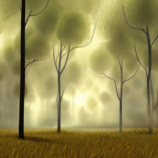 Prompt: faraway red sandstorm incoming onto a green forest, photorealistic, highly detailed, misty day