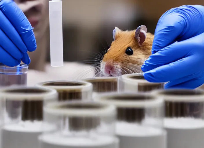 Image similar to film still of a hamster working in a research lab filling test tubes, 8 k