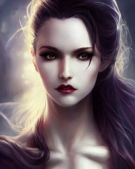 Prompt: a beautiful female vampire, ethereal, dreamy, backlit, highly detailed, stern expression, realistic lighting, sharp focus, windswept, rule of thirds, symmetrical facial features, by artgerm, wlop, rossdraws, frank frazetta, andrei riabovitchev, trending on artstation, hd, 4 k, fantasy