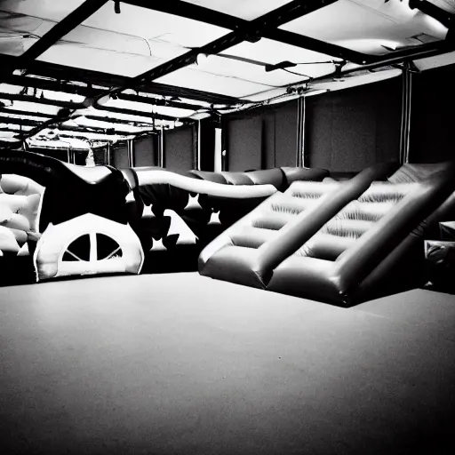 Image similar to a darkly lit indoor children's bounce house photo taken with a deposable camera limital space