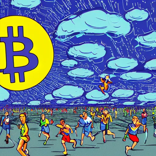 Prompt: landscape of people running away from a giant with bitcoin face, pop art, highly detailed, hyper-realistic, 8k