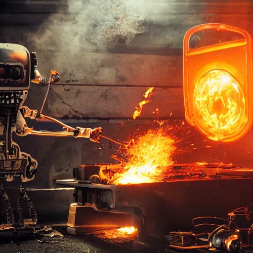 Image similar to toaster oven terminator robot, dark messy smoke - filled cluttered workshop, dark, dramatic lighting, orange tint, sparks, plasma charge, cinematic, highly detailed, sci - fi, futuristic, movie still