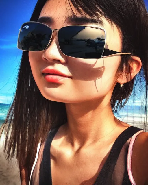 Image similar to low angle iphone HDR photo of beautiful swag Iwakura Lain as a fit slender surfer wearing rayban shades in Florida, 35mm, cinematic, trending on Instagram, trending on ArtStation, by WLOP, 8k, 4k, HD