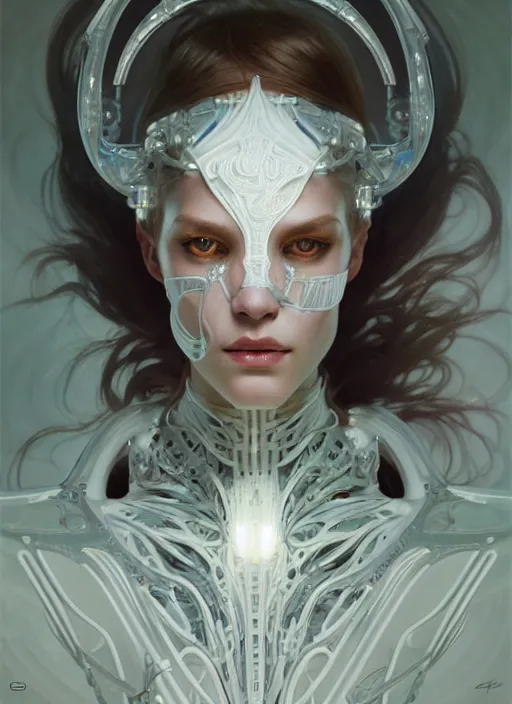 Prompt: organic cyborg, white plastic, diffuse lighting, fantasy, intricate, elegant, highly detailed, lifelike, photorealistic, digital painting, artstation, illustration, concept art, smooth, sharp focus, art by John Collier and Albert Aublet and Krenz Cushart and Artem Demura and Alphonse Mucha