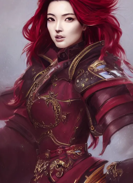Image similar to a highly detailed illustration of meisa kuroki as a long dark red haired wearing wine red epaulette uniform and long coat cape, dramatic smiling pose, perfect face, intricate, elegant, highly detailed, centered, digital painting, artstation, concept art, smooth, sharp focus, league of legends concept art, wlop