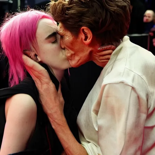 Image similar to willem dafoe kissing billie eilish in a bed