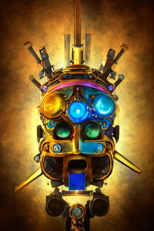 Image similar to colorful vivid steampunk mask minimalist fantasy art robot ninja helmet, global illumination ray tracing hdr fanart arstation by sung choi and eric pfeiffer and gabriel garza and casper konefal radiating a glowing aura