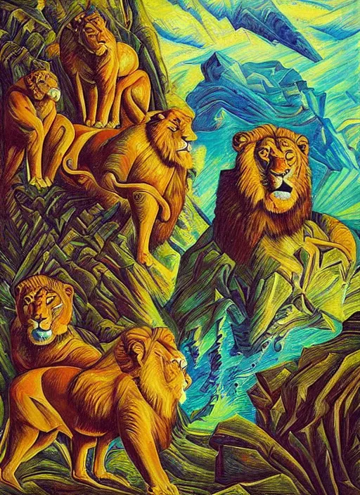 Image similar to “A surreal oil painting of an ancient temple guarded by lions, by Dan Mumford and Umberto Boccioni, realistic shading, complimentary colors, vivid colors, aesthetically pleasing composition, masterpiece, 4k, 8k, ultra realistic, super realistic”