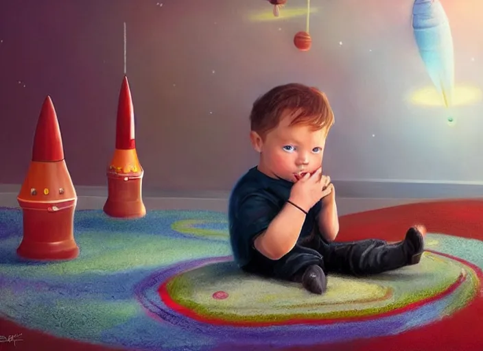 Image similar to toddler elon musk sittingon a shaggy rug playing with his shiny space rockets, realistic painting, beautiful soft lighting, istvan sandorfi