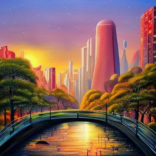 Image similar to Beautiful city of the future in harmony with nature. Nice colour scheme, soft natural colour. Beautiful detailed painting by Lurid. (2022)