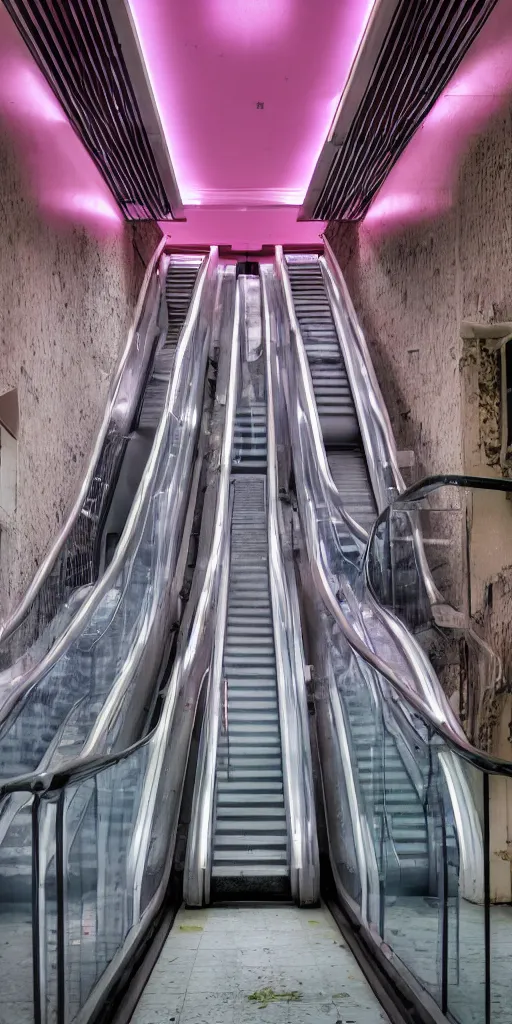 Prompt: 1980s magazine photo of an individual escalator in an abandoned mall with pink walls, with interior potted palm trees, decaying dappled sunlight through a sunroof, cool purple lighting, dark hallways, high contrast