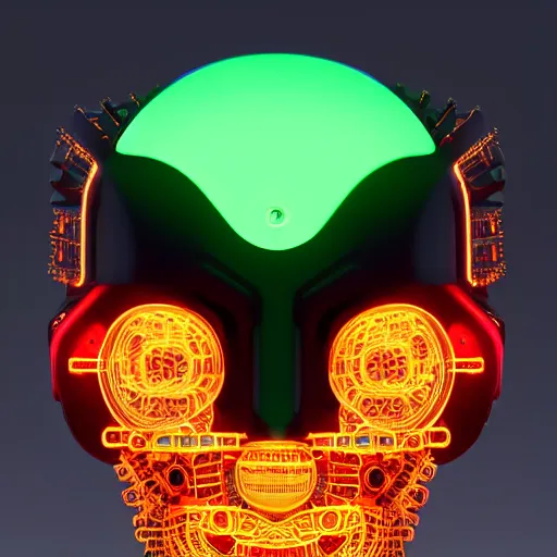 Prompt: a glossy claymodel of a cyberpunk aztec futuristic robot head, top of the head is made of gears and multicolored glowing tubes, eyes are multicolored lamps, 8 k, front shot, symetrical, flourescent colors, halluzinogenic, multicolored, insanely detailed, 3 d render, octane