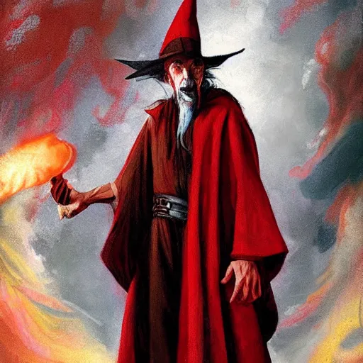 Prompt: portrait of rincewind with a scared expression and scared pose wearing bright red wizard robe and hat by greg rutkowski and raymond swanland