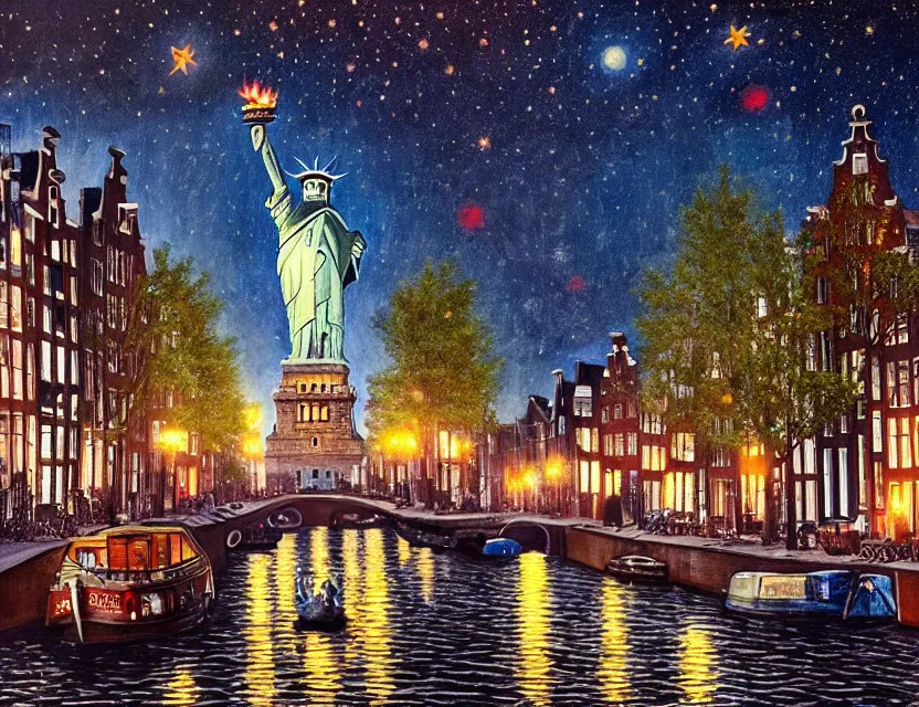 Prompt: a very realistic painting of the statue of liberty being stoned and lost in the amsterdam canals surrounded by amsterdam houses at night with romantic city light ambiance and a starry sky painting in the style of james jean, 8 k ultra realistic no noise but joy