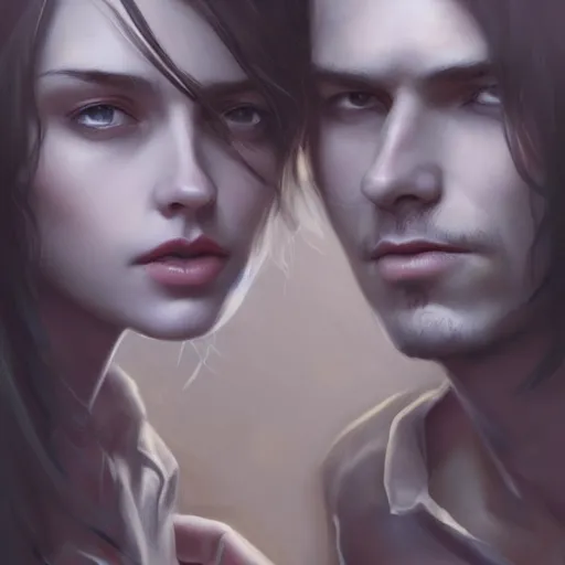 Image similar to perfectly centered symmetrical split male and female portrait of man and woman in love sharing one heart ; oil painting by charlie bowater and wlop, photorealistic, highly detailed ; trending on artstation