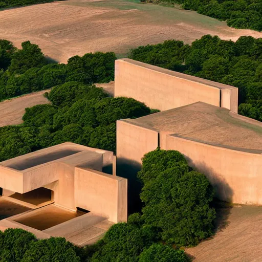 Image similar to a building in a stunning landscape by louis kahn and alberto burri, architectural photograph distance drone wide view, dynamic lighting sharp infinite focus