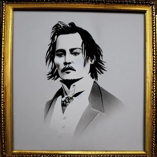 Image similar to old victorian style portrait of johnny depp with a powdered wig and ruffled shirt